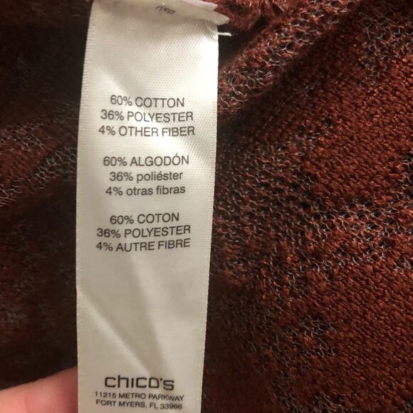 Chico’s rust orange red ruffle open front lacey boho cardigan sweater large - Picture 4 of 5